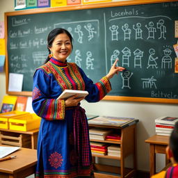 A Bhutanese lady teacher dressed in traditional Bhutanese national dress, known as a Kira