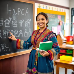 A Bhutanese lady teacher dressed in traditional Bhutanese national dress, known as a Kira