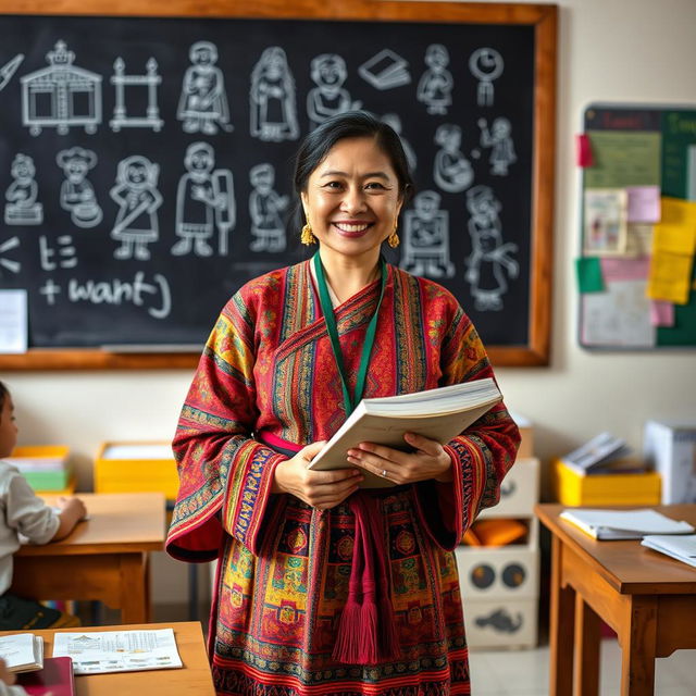 A Bhutanese lady teacher dressed in traditional Bhutanese national dress, known as a Kira