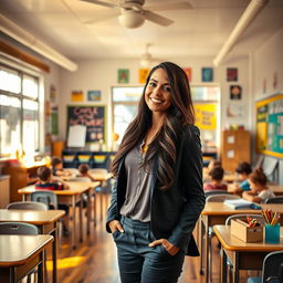 A captivating scene of a lady teacher standing confidently in a bright and colorful classroom filled with educational posters and student desks