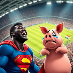 Inside a vibrant blue, red, and white football stadium, a black superman is depicted laughing joyously, his expression full of mirth