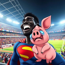 Inside a vibrant blue, red, and white football stadium, a black superman is depicted laughing joyously, his expression full of mirth