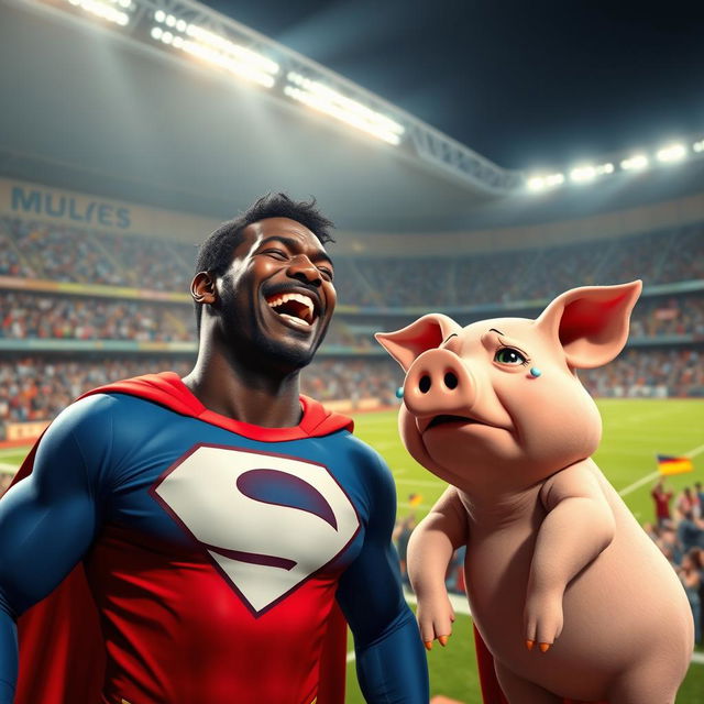 Inside a vibrant blue, red, and white football stadium, a black superman is depicted laughing joyously, his expression full of mirth