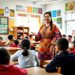 A female teacher in a traditional Bhutanese dress, known as a kira, standing in a lively classroom filled with colorful educational posters and students engaging with their studies