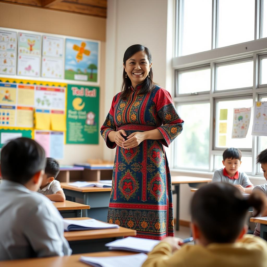 A female teacher in a traditional Bhutanese dress, known as a kira, standing in a lively classroom filled with colorful educational posters and students engaging with their studies