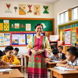 A female teacher in a traditional Bhutanese dress, known as a kira, standing in a lively classroom filled with colorful educational posters and students engaging with their studies