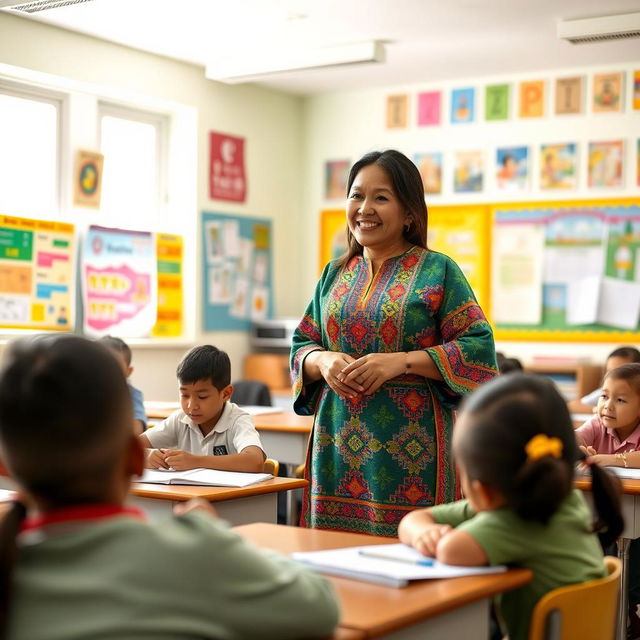 A female teacher in a traditional Bhutanese dress, known as a kira, standing in a lively classroom filled with colorful educational posters and students engaging with their studies