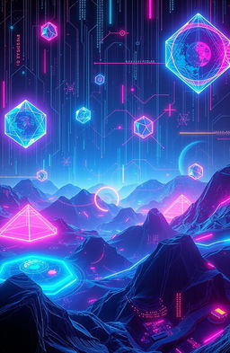 A vibrant and futuristic representation of cyberspace, featuring floating data streams, neon-colored geometric shapes, and a digital landscape filled with abstract designs