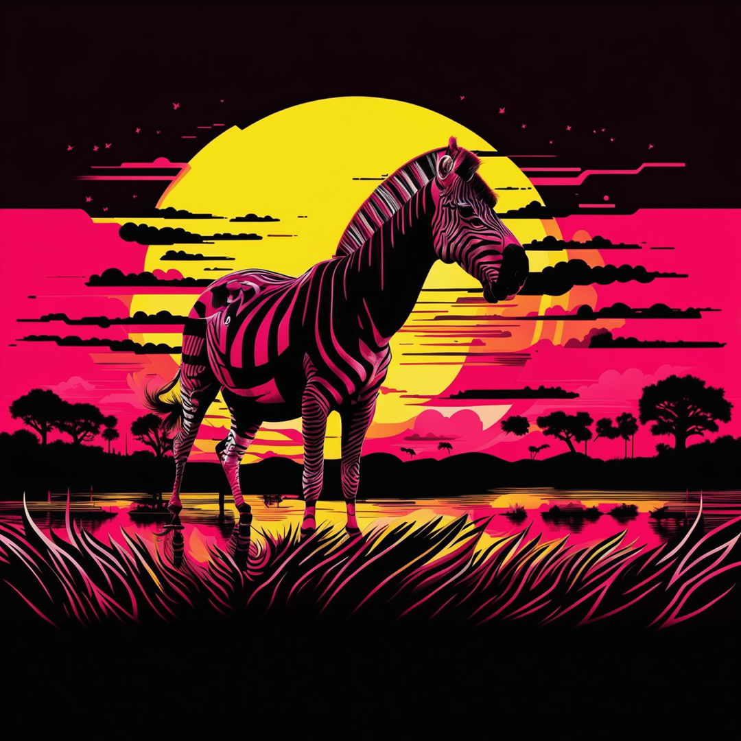 A vibrant pop art style digital image of a zebra in the savannah at sunset