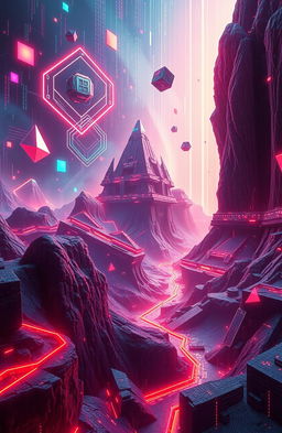 A vibrant and futuristic representation of cyberspace, featuring floating data streams, neon-colored geometric shapes, and a digital landscape filled with abstract designs