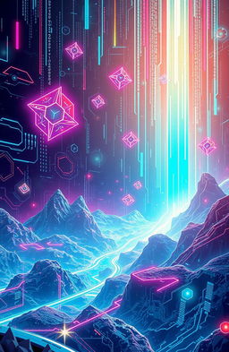 A vibrant and futuristic representation of cyberspace, featuring floating data streams, neon-colored geometric shapes, and a digital landscape filled with abstract designs