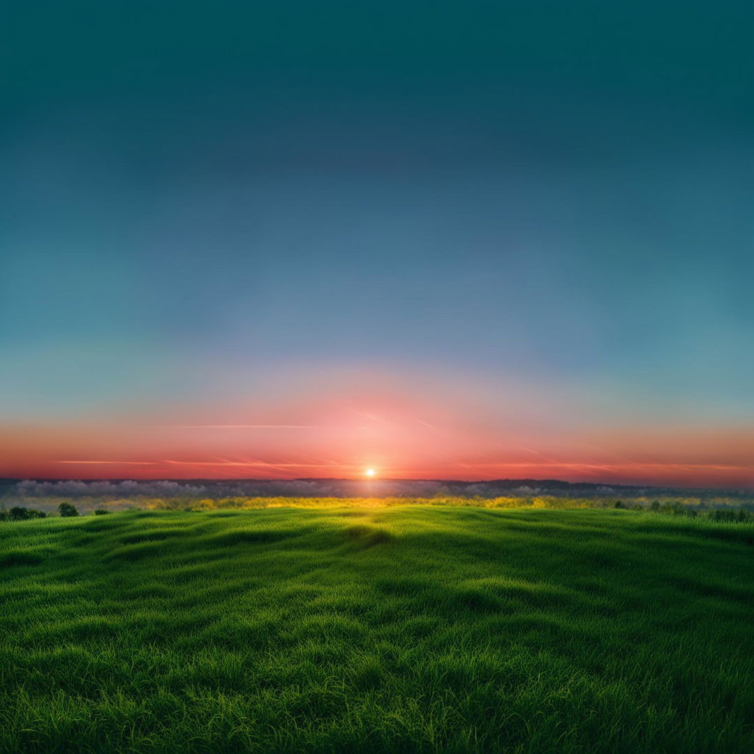 HD image of a lush green grass landscape under a sky transitioning from blue to sunset hues at the horizon.