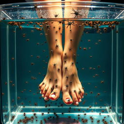 A surreal image of a pair of elegant female feet submerged in a glass fish tank filled with live, small spiders