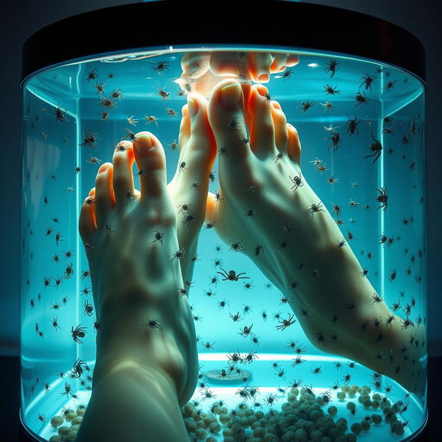 A surreal image of a pair of elegant female feet submerged in a glass fish tank filled with live, small spiders