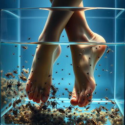 A surreal image of a pair of elegant female feet submerged in a glass fish tank filled with live, small spiders