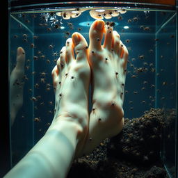 A surreal image of a pair of elegant female feet submerged in a glass fish tank filled with live, small spiders