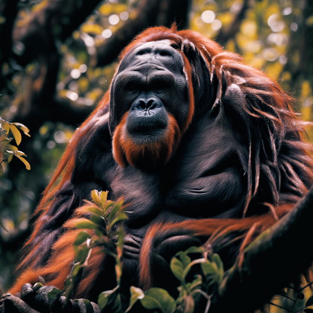 A high-resolution photograph of an orangutan in its natural habitat, characterized by a vibrant palette of greens and browns