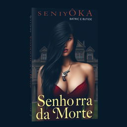 A book cover titled 'Senhora da Morte', showcasing a striking young woman with long black hair, adorned with a necklace featuring a revolver pendant
