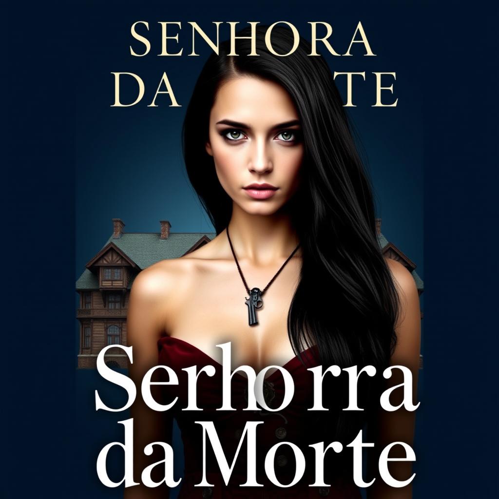 A book cover titled 'Senhora da Morte', showcasing a striking young woman with long black hair, adorned with a necklace featuring a revolver pendant