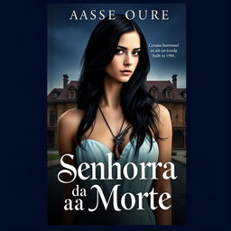 A book cover titled 'Senhora da Morte', showcasing a striking young woman with long black hair, adorned with a necklace featuring a revolver pendant
