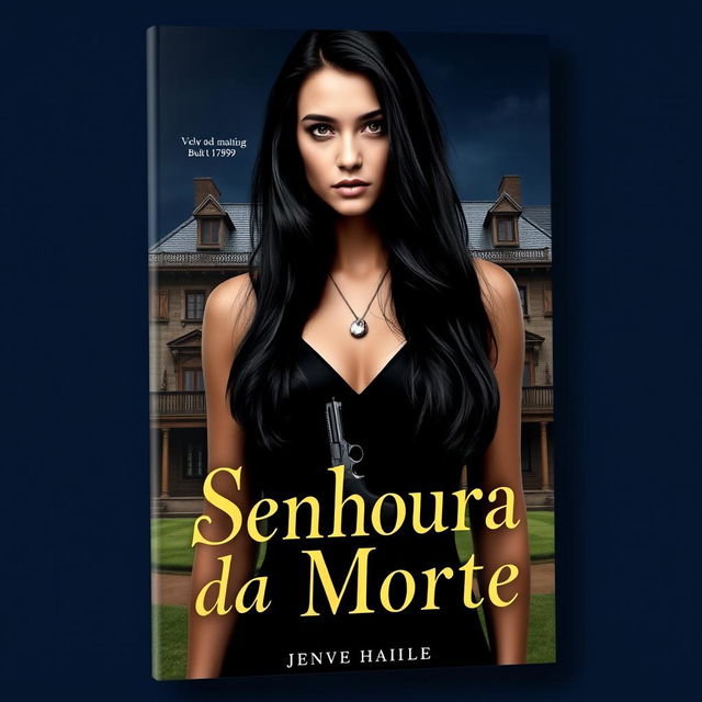 A book cover titled 'Senhora da Morte', showcasing a striking young woman with long black hair, adorned with a necklace featuring a revolver pendant