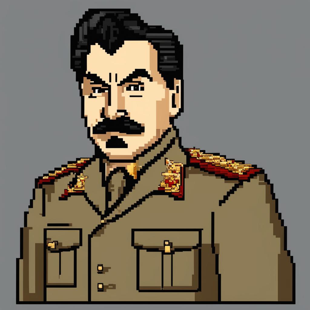 This is a high-quality pixel art image featuring a Pokemon-style sprite of Joseph Stalin