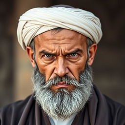 A stern-looking Muslim man with a traditional Muslim cap on his head and a well-groomed beard