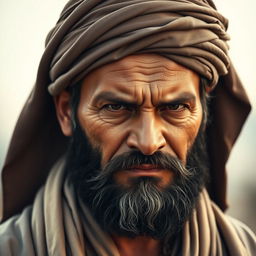 A stern-looking Muslim man with a traditional Muslim cap on his head and a well-groomed beard