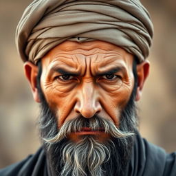 A stern-looking Muslim man with a traditional Muslim cap on his head and a well-groomed beard