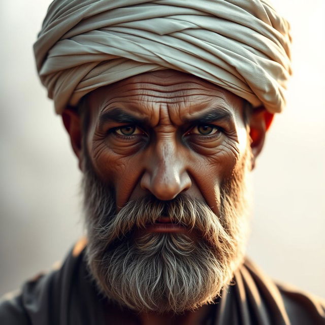 A stern-looking Muslim man with a traditional Muslim cap on his head and a well-groomed beard