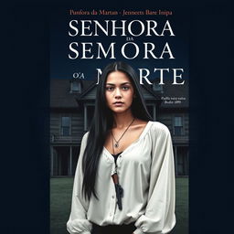 A book cover design titled 'Senhora da Morte', featuring a young woman with long black hair, wearing a long-sleeve white blouse without any neckline, and a necklace with a revolver pendant