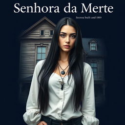 A book cover design titled 'Senhora da Morte', featuring a young woman with long black hair, wearing a long-sleeve white blouse without any neckline, and a necklace with a revolver pendant