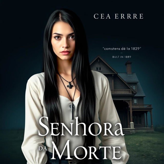 A book cover design titled 'Senhora da Morte', featuring a young woman with long black hair, wearing a long-sleeve white blouse without any neckline, and a necklace with a revolver pendant