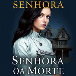A book cover for 'Senhora da Morte' featuring a young woman with black hair and fair skin