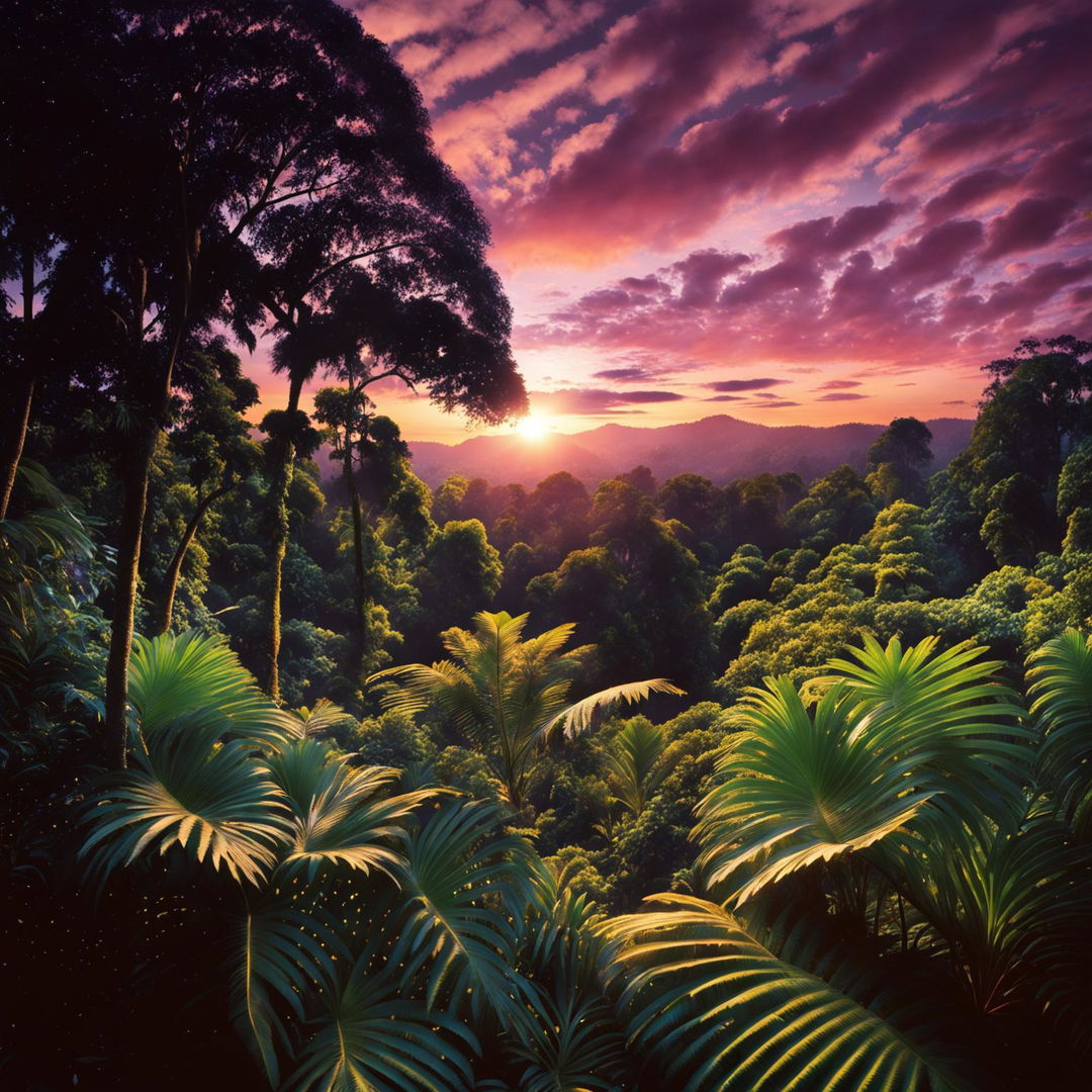 A breathtaking, ultra-wide shot of a tropical rainforest under a brilliant sky