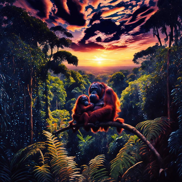 An ultra-wide, high-quality photograph of a tropical rainforest under a brilliant sky, featuring an orangutan mother with her young