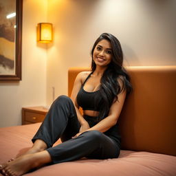 A luxurious and intimate hostel room setting, featuring a glamorous Indian woman with long dark hair, gracefully leaning against a wall while seated on a plush bed