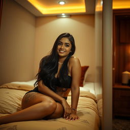 A luxurious and intimate hostel room setting, featuring a glamorous Indian woman with long dark hair, gracefully leaning against a wall while seated on a plush bed