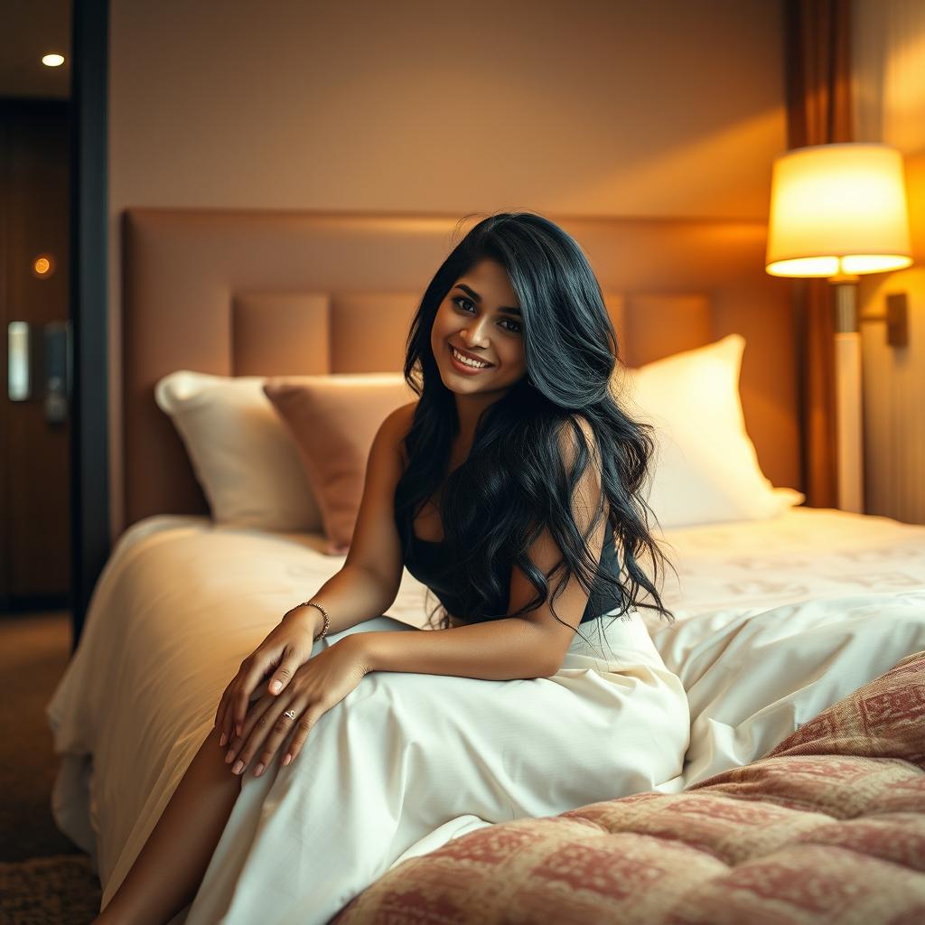 A luxurious and intimate hostel room setting, featuring a glamorous Indian woman with long dark hair, gracefully leaning against a wall while seated on a plush bed