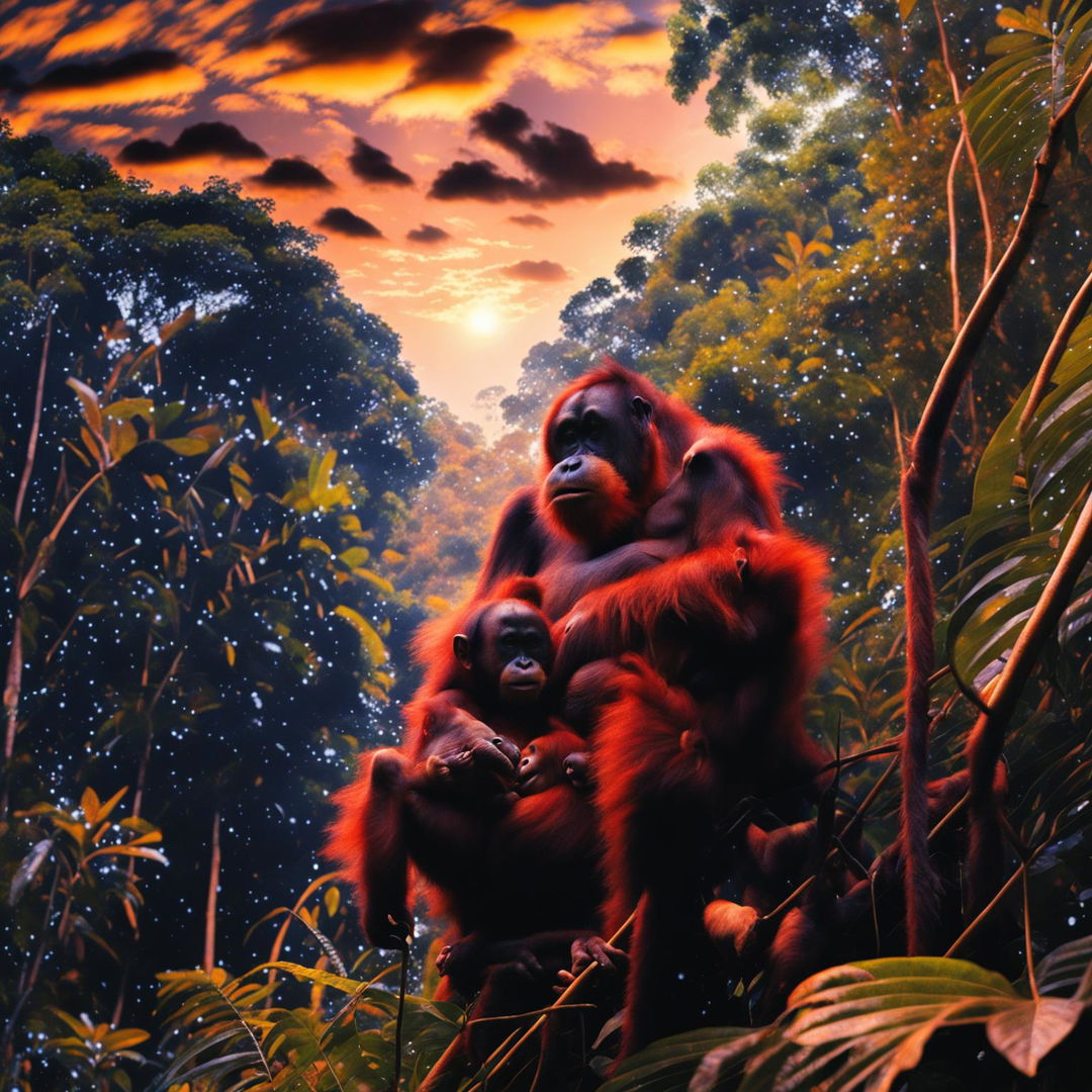 An ultra-wide, high-definition professional photograph of a tropical rainforest under a brilliant sky, featuring a mother orangutan with her young