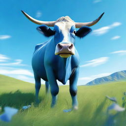 A digital art image of a mythical creature, the 'Sapi Biru' or Blue Cow, standing in a lush green field under a clear blue sky