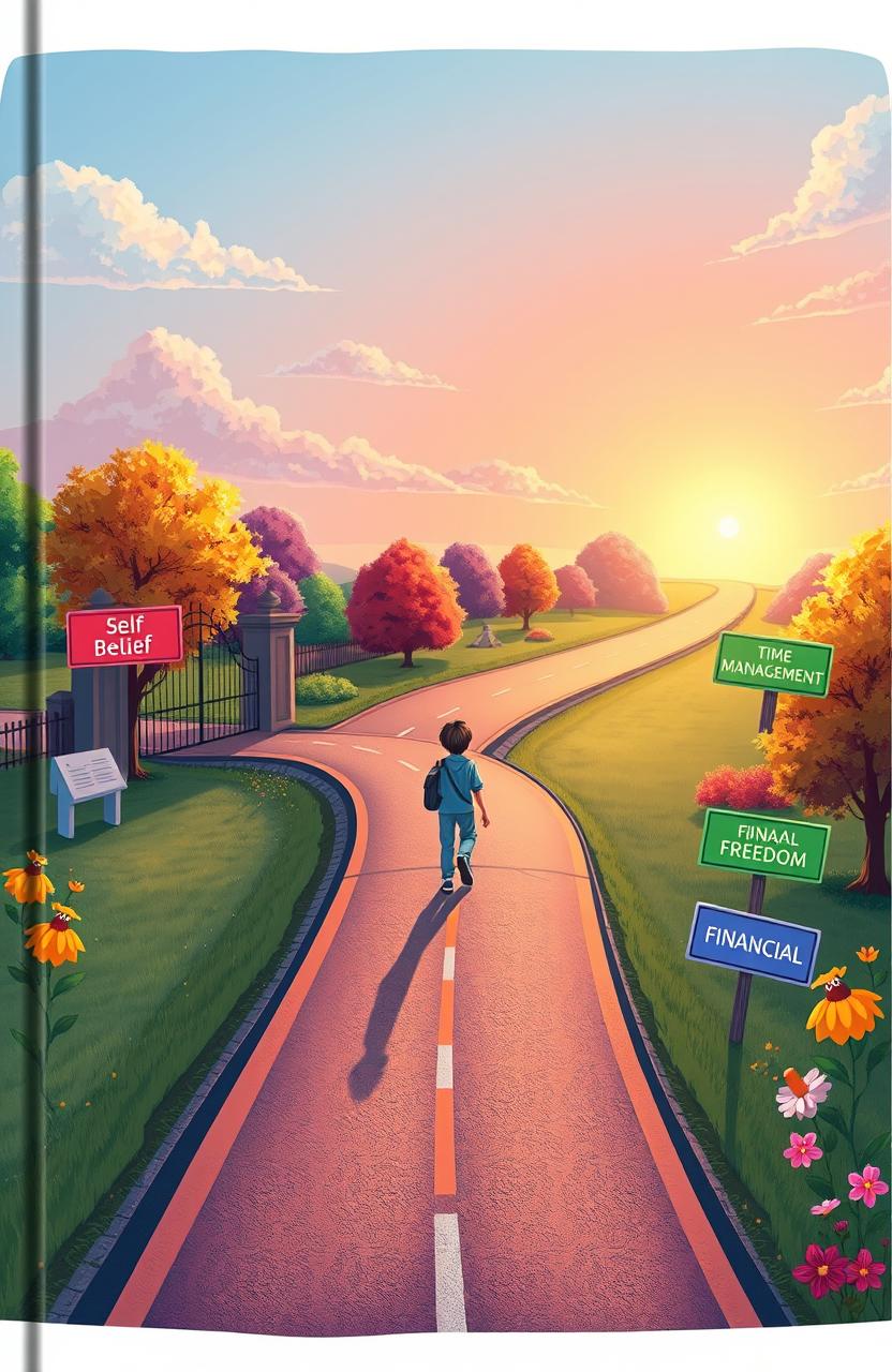 A cover illustration showcasing a long, winding road that starts from a school gate and leads toward a glowing horizon