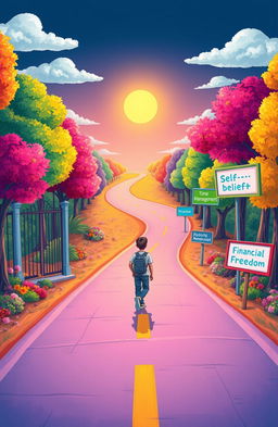 A cover illustration showcasing a long, winding road that starts from a school gate and leads toward a glowing horizon