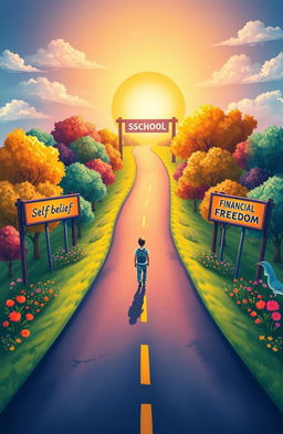 A cover illustration showcasing a long, winding road that starts from a school gate and leads toward a glowing horizon