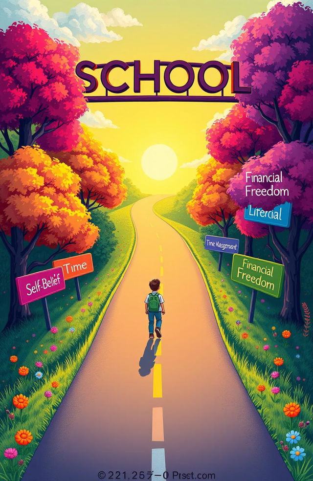 A cover illustration showcasing a long, winding road that starts from a school gate and leads toward a glowing horizon