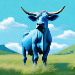 A digital art image of a mythical creature, the 'Sapi Biru' or Blue Cow, standing in a lush green field under a clear blue sky