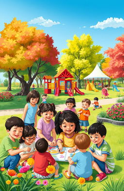 A nurturing and supportive scene depicting a diverse group of children playing together in a vibrant park