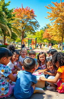 A nurturing and supportive scene depicting a diverse group of children playing together in a vibrant park