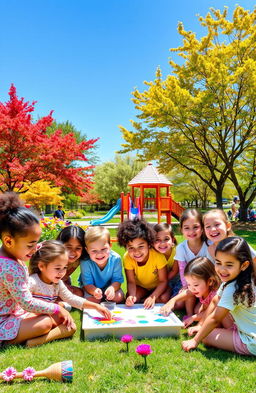 A nurturing and supportive scene depicting a diverse group of children playing together in a vibrant park