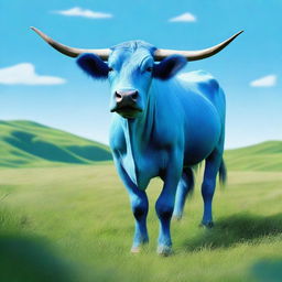 A digital art image of a mythical creature, the 'Sapi Biru' or Blue Cow, standing in a lush green field under a clear blue sky